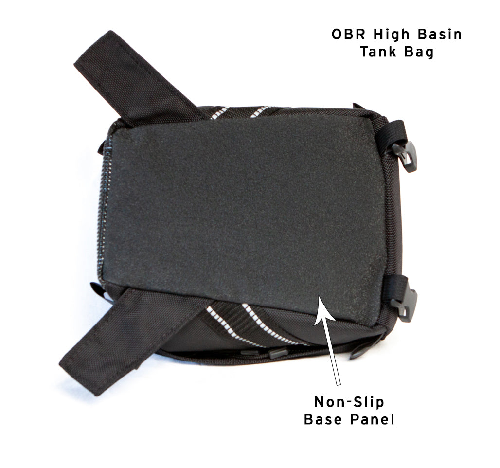 OBR High Basin Motorcycle Tank Bag: bottom non-slip panel, trapezoidal profile, and reflective side accents