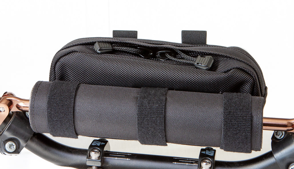 OBR ADV Gear Ledge Handlebar Bag: on padded handlebar crossbar. Main compartment zipper with storm flap.