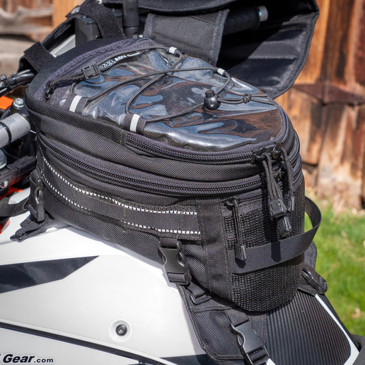 Big Sky Tank Bag mounted on adventure motorcycle – side angle