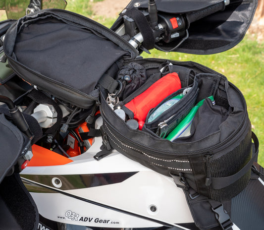 Open Big Sky Tank Bag packed with gear – spacious main compartment