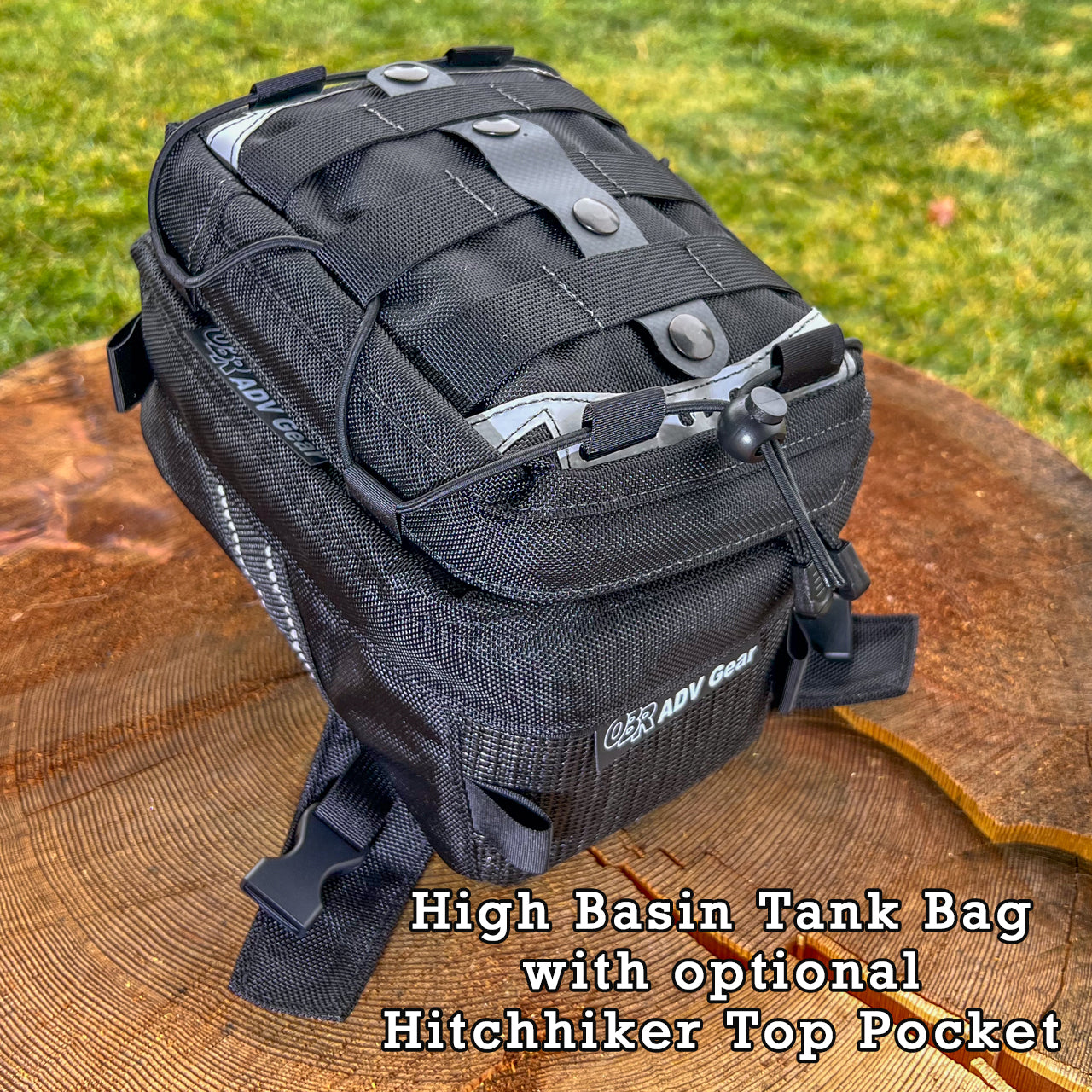 High Basin Tank Bag with optional Hitchhiker Accessory Top Pocket attached