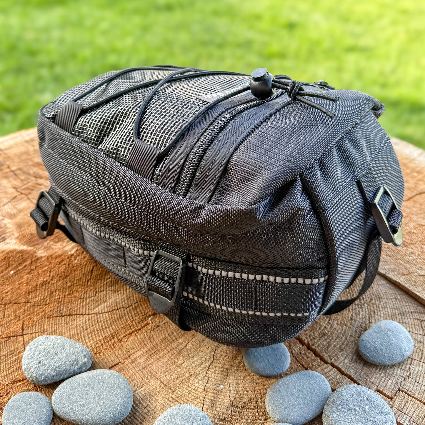 Top view of Sherpa Tail Bag showing shock cord and reflective webbing
