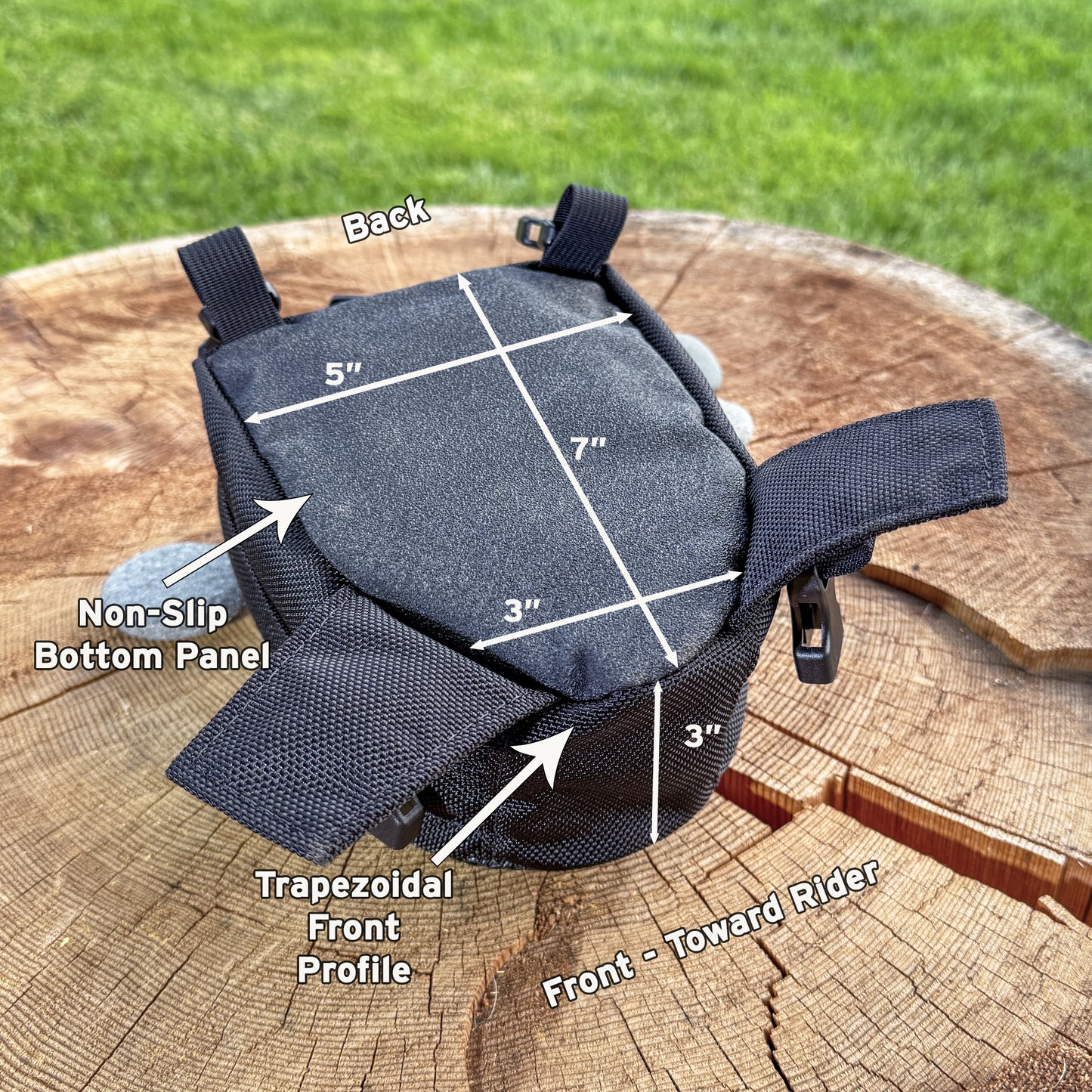 Switchback bottom: non-slip panel, tapered front shape, and product external dimensions.