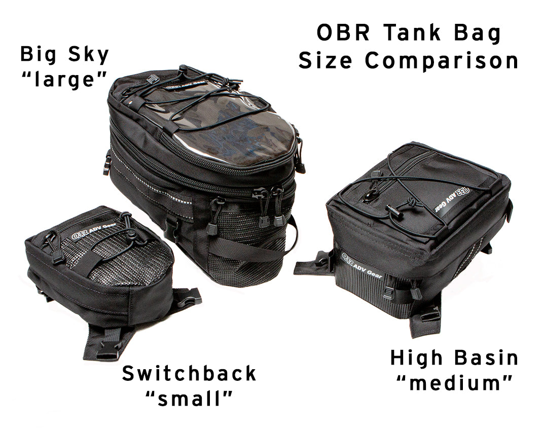 OBR Tank Bag Size Comparison: Switchback, High Basin, Big Sky. All made in USA!