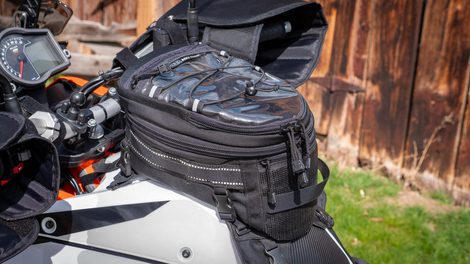 OBR ADV Gear Tank Bags:  A Big Sky installed on a KTM, along with the OBR Grip Mitts in view! 