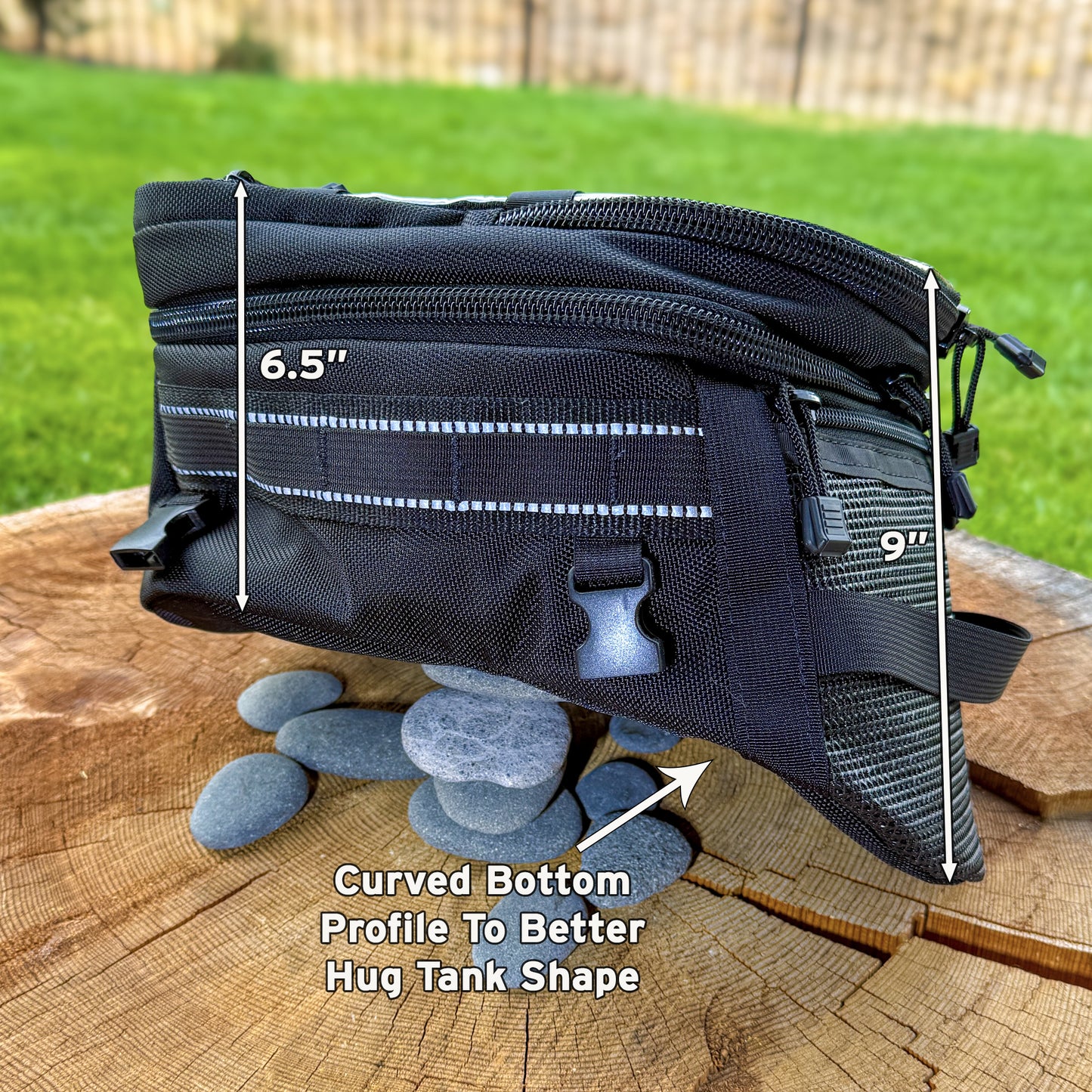 Side view showing external dimensions and curved bottom profile that hugs the motorcycles fuel tank