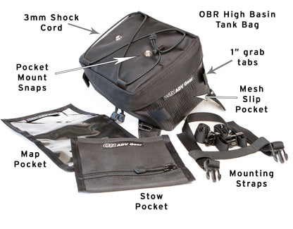 OBR High Basin Motorcycle Tank Bag: External features and included items