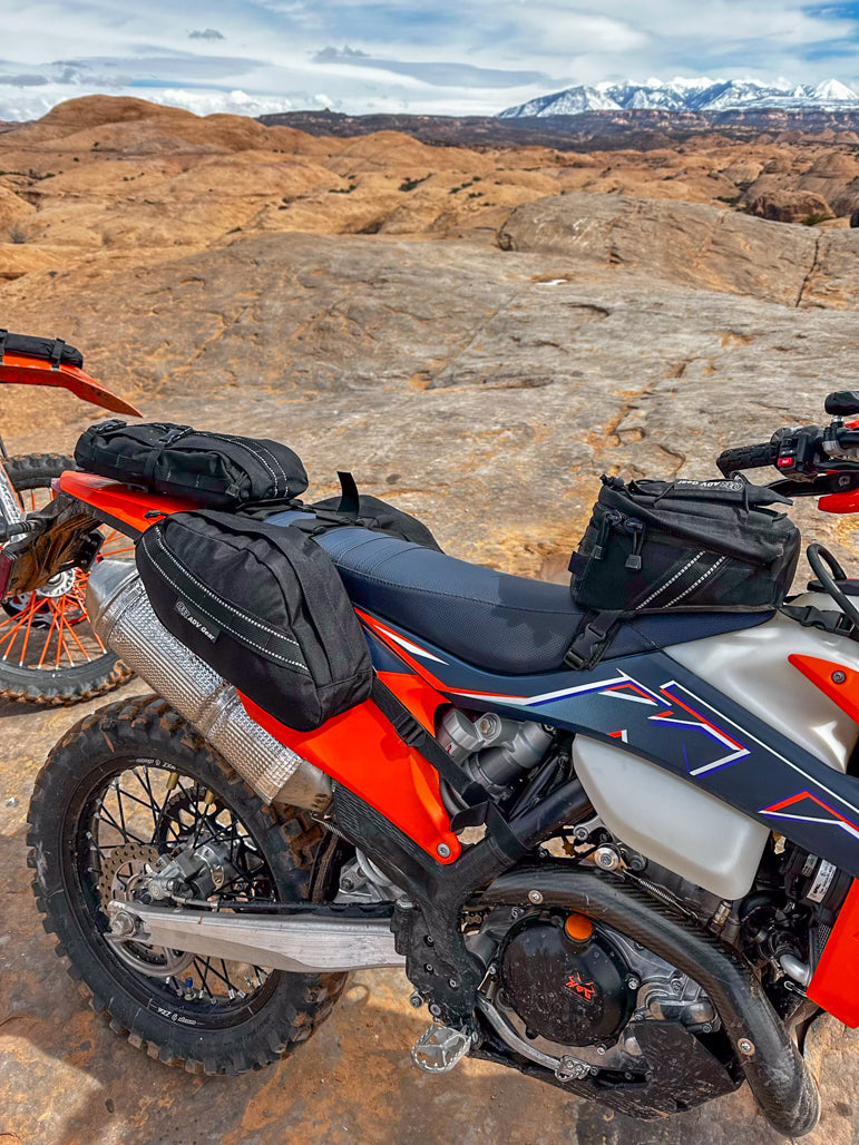 OBR 10L saddlebag, Extras pouch, and High Basin on Dual Sport bike.