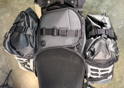 OBR 38L Saddlebags 2.0: System mounted on KTM saddle, canted to bring bags in tight to the bike