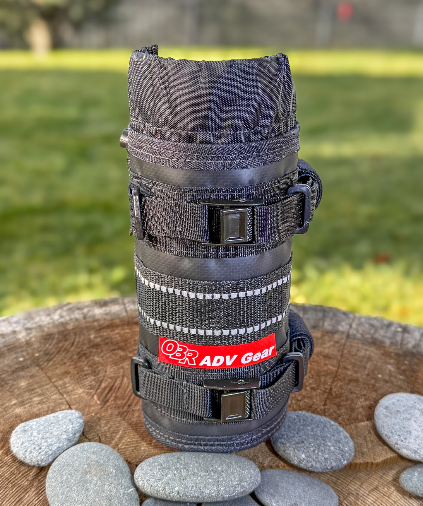 Universal motorcycle bottle holder with adjustable cuff – fuel or water