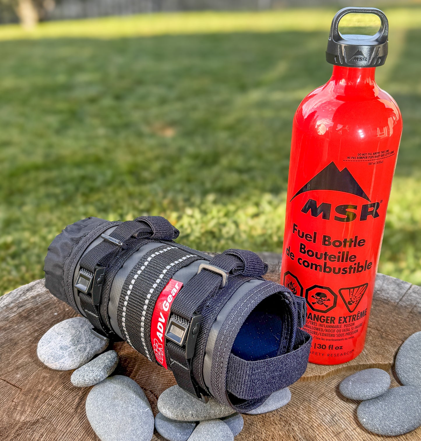 Motorcycle fuel bundle for long trips – bottle wrap adjustable cuff + MSR fuel bottle